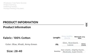 Detailed size and material chart for loose fit cotton cargo shorts in blue, khaki and green