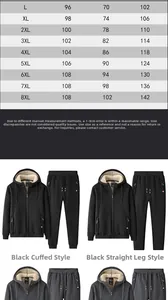 Size chart for men's heavy fleece tracksuits showing measurements from L up to 8XL size