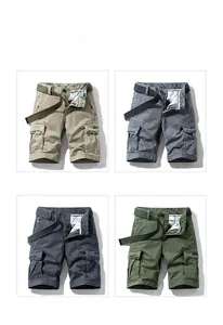 Détail de shorts cargo en kaki, gris et vert avec des ceintures en tissu assorties