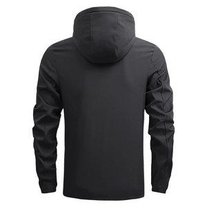 Rear view of lightweight black men's hooded jacket with windproof fabric and ergonomic sleeves