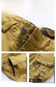 Detailed views of khaki cotton cargo shorts featuring camo print pockets and metal buttons