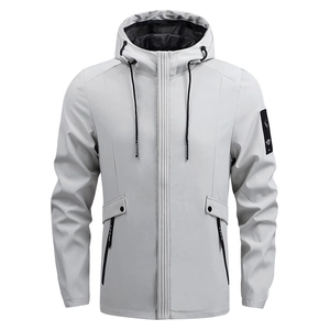 Men's light grey hooded windbreaker jacket with zipper closure and multiple pockets