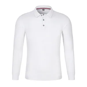 Classic white long-sleeved polo shirt with tricolor neck tape and ribbed cuffs