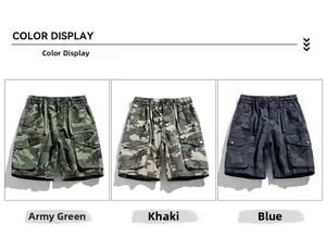 Detailed views of camouflage cargo shorts showing durable fabric and large side utility pockets