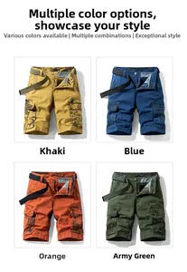 Detail of cargo shorts in four colors with large side pockets and durable cotton fabric