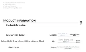 Size chart showing 100% cotton loose fit cargo shorts in khaki, grey, and green