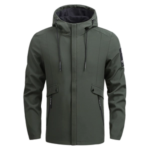 Men's casual lightweight hooded army green windbreaker jacket with arm patch detail