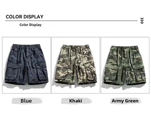 Three-color camouflage cargo shorts display in blue, khaki and army green shades