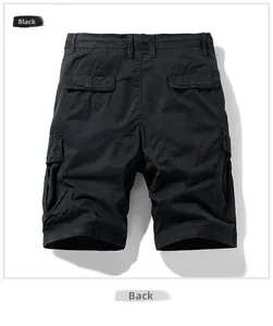 Men's black cargo shorts showing back view with flap pockets and sturdy twill texture