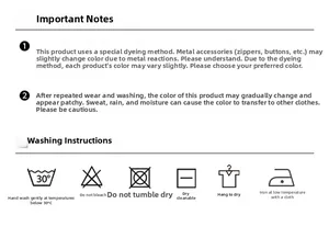 Detailed laundry care instructions and fabric maintenance symbols for cargo shorts