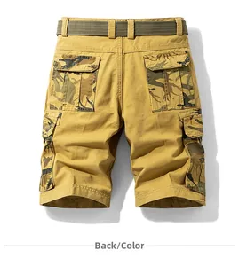 Detail view of khaki cargo shorts with camouflage pocket flaps and heavy duty belt