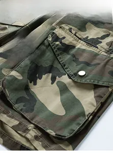Close-up of functional side cargo pocket with metal button on camouflage shorts