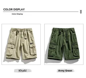 Detailed comparison of khaki and army green cargo shorts with multiple utility pockets