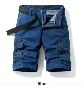 Detail view of blue cargo shorts with utility flap pockets and a black fabric belt
