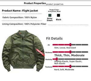 Detail view of the green flight jacket showing 100% nylon fabric and size specifications