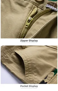 Détail de la fermeture éclair en métal et de la poche de ce short cargo kaki