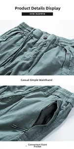 Détails du short cargo montrant la taille élastique avec cordon et poche zippée latérale