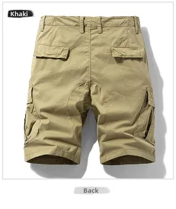 Detail view of khaki cargo shorts showing functional back flap pockets and reinforced stitching