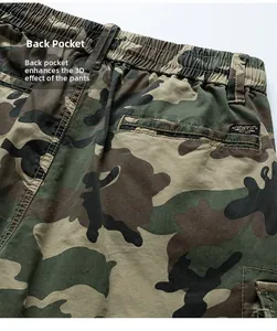 Detail view of camouflage cargo shorts back pocket with elastic waist and 3D design