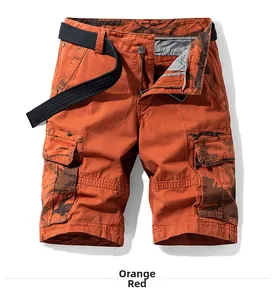 Detail of orange cargo shorts with camo pockets and black woven belt for men