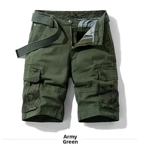 Detail of army green cargo shorts featuring camouflage pockets and canvas belt