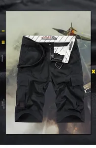 Detailed view of men's black cargo shorts featuring multi-pocket design and cotton fabric