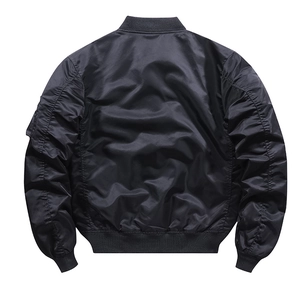 Detailed back view of a black bomber jacket with ruched sleeves and zip pocket