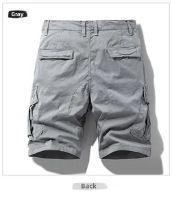 Close-up of back view showing dual flap pockets on grey tactical cargo shorts