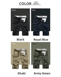 Detail view of multi-pocket cotton cargo shorts in black, blue, khaki and green colors