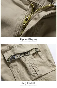 Détail du zip métallique et de la poche cargo avec doublure camo sur le short kaki