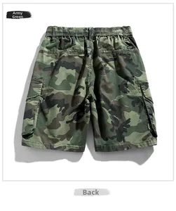 Detailed back view of army green camouflage cargo shorts with large pockets and elastic waist