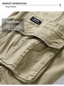 Detailed macro view of reinforced multi-pocket design on durable khaki cargo shorts