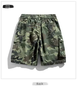 Rear view of military green camouflage cargo shorts with elastic waist and button pockets