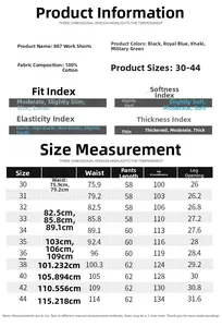 Size chart for 100% cotton cargo shorts showing waist and length measurements in centimeters