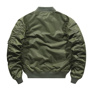 Rear view of olive green MA1 bomber jacket featuring ribbed collar and ruched sleeve detail