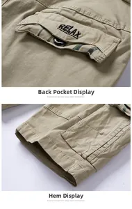 Détail du short cargo kaki montrant la poche arrière brodée Relax et l'ourlet du bas