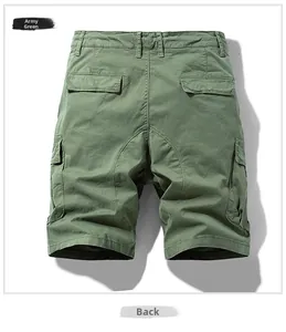 Detail view of military green cargo shorts featuring durable twill and snap back pockets
