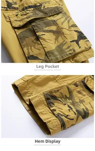 Detail of khaki cargo shorts showing camo print side pocket and reinforced stitching