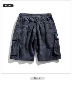 Rear view of men's loose cargo shorts featuring blue camouflage and flap back pockets