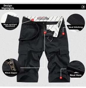 Detailed views of cotton cargo shorts featuring metal zipper and durable stitching