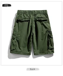 Rear view of military green cargo shorts featuring elastic waist and utility pockets
