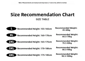 Size chart for men's lightweight suede shorts ranging from size L to 4XL