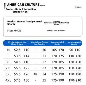 Size chart for breathable ice silk shorts detailing measurements for M to 4XL sizes