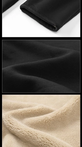 Detail of black heavy hoodie set showing thick off-white fleece lining and neat stitching