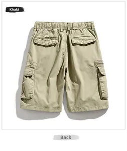 Detail view of khaki cargo shorts back featuring elastic waist and durable canvas fabric