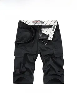 Detail of black cotton cargo shorts showing the metallic buckle belt and waist lining