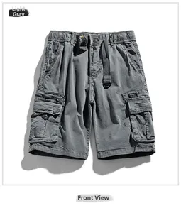 Detailed view of light gray cargo shorts featuring side pockets and adjustable drawstring