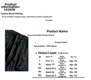 Detailed size chart for quick-dry cargo shorts in M to 4XL with material specifications