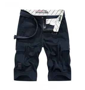 Detail view of sapphire blue cotton cargo shorts with belt and inner waistband print