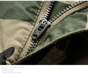 Macro shot of durable metal ZMK zipper on camo cargo shorts with premium stitching
